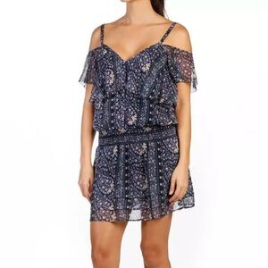 PAIGE OLYMPIA BOHO CHIC SILK FLORAL COLD SHOULDER MINI DRESS Blue Sz M $298